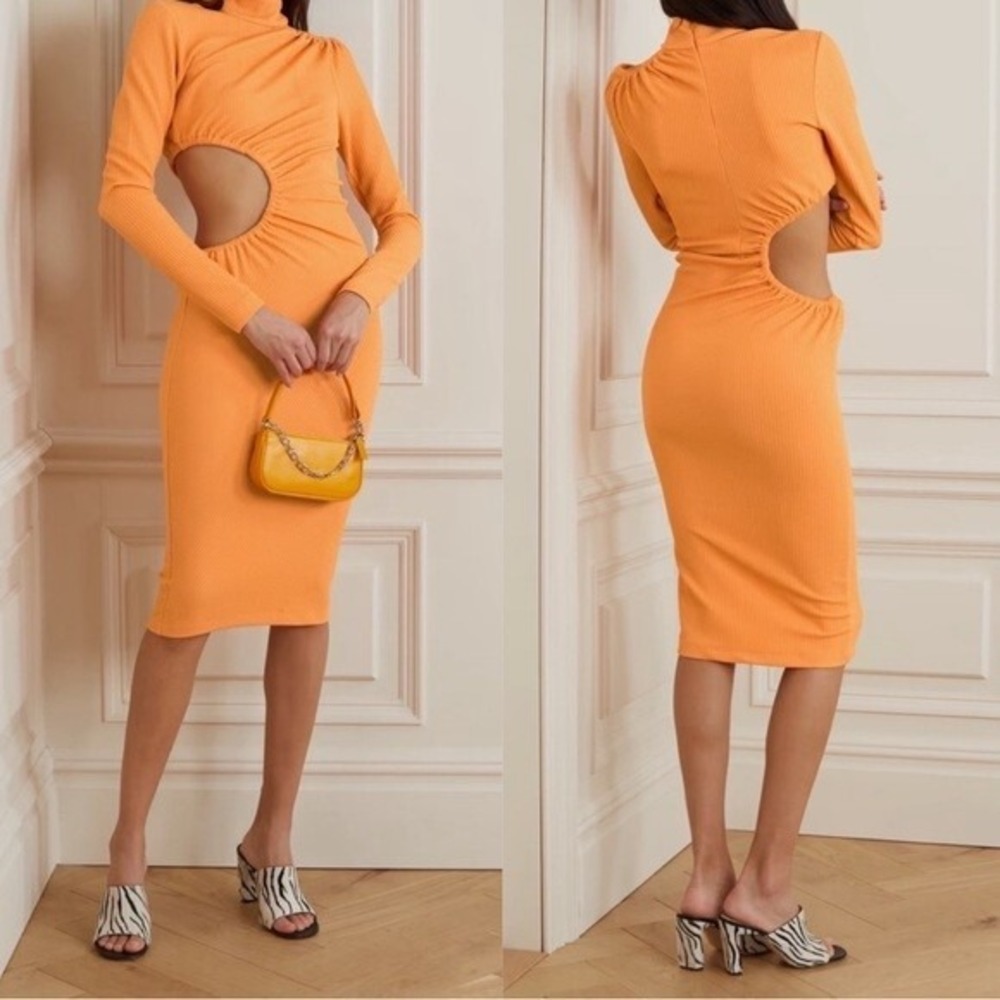 Rotate Birger Christensen Alice Dress Mock Orange Cutout Midi Long Sleeve 2 NEW‎